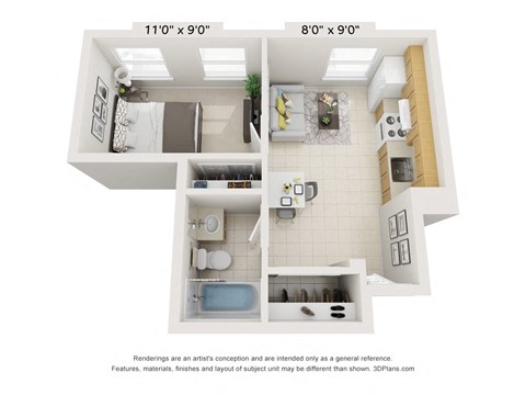 Floor plan for 1 bed, 1 bath, 560 sqft